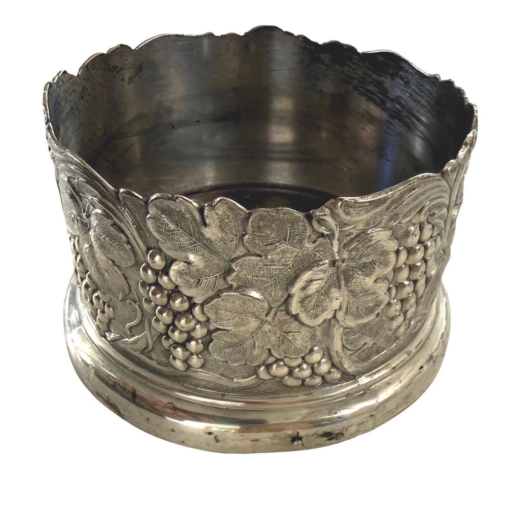 Vintage Silverplate Wine Bottle Coaster Wood Lined Grape Vine Japan Holder - Picture 2 of 11